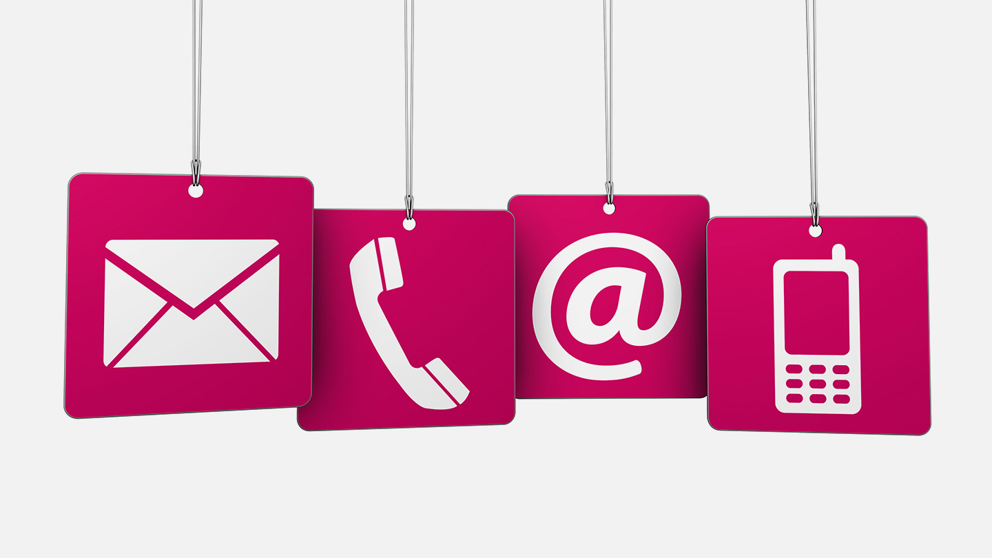 email, phone, web and mobile icons on red hanging squares