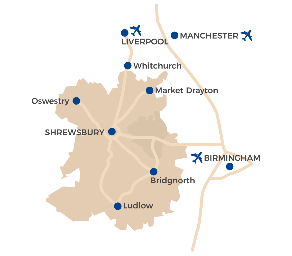 Map of Shropshire showing connected cities and airports