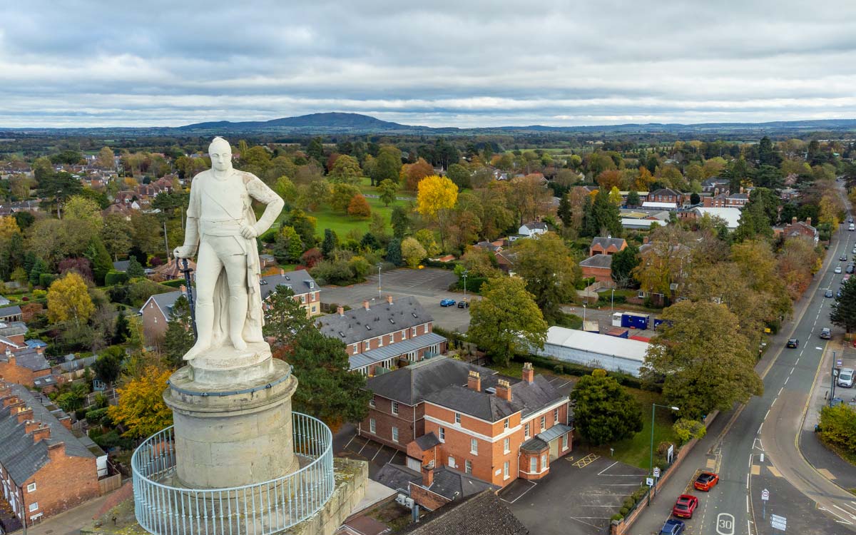 Aerial View of Lord Hill Statue outside Shire Hall, Shrewsbury