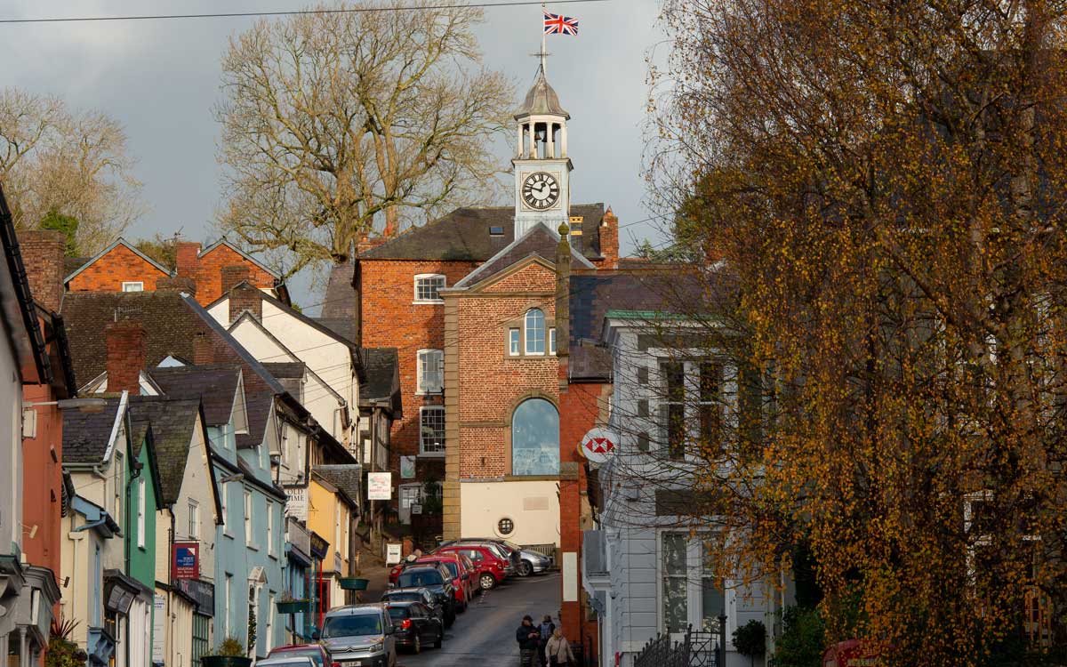 High Street with Town Hall Building in Bishops Castle Town Centre